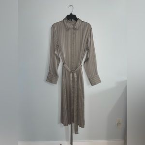 H&M Grey and White Striped Button Up Long Sleeve Shirt Dress